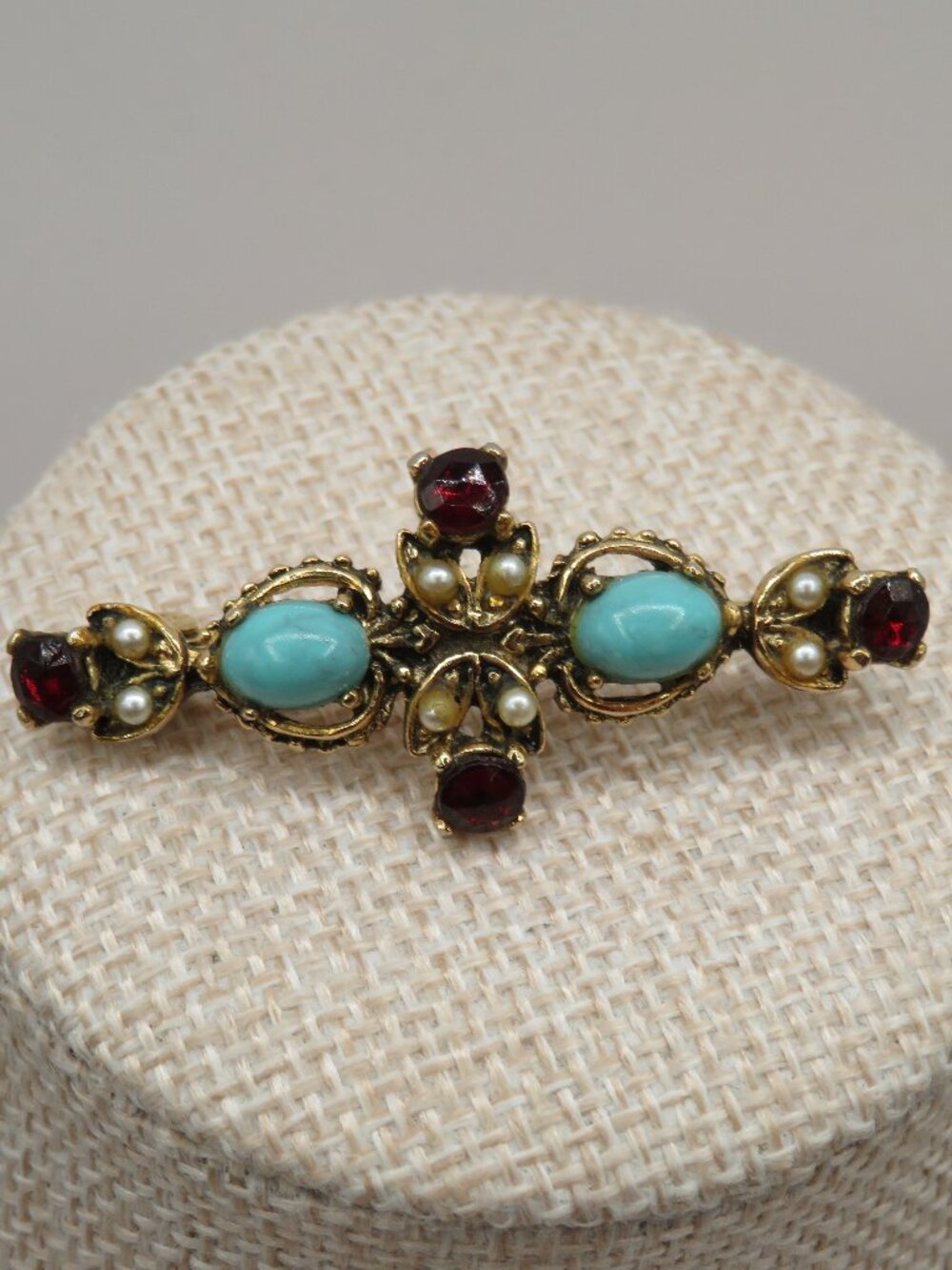 Vintage Faux Pearl Faux Turquoise Rhinestone Bar Brooch